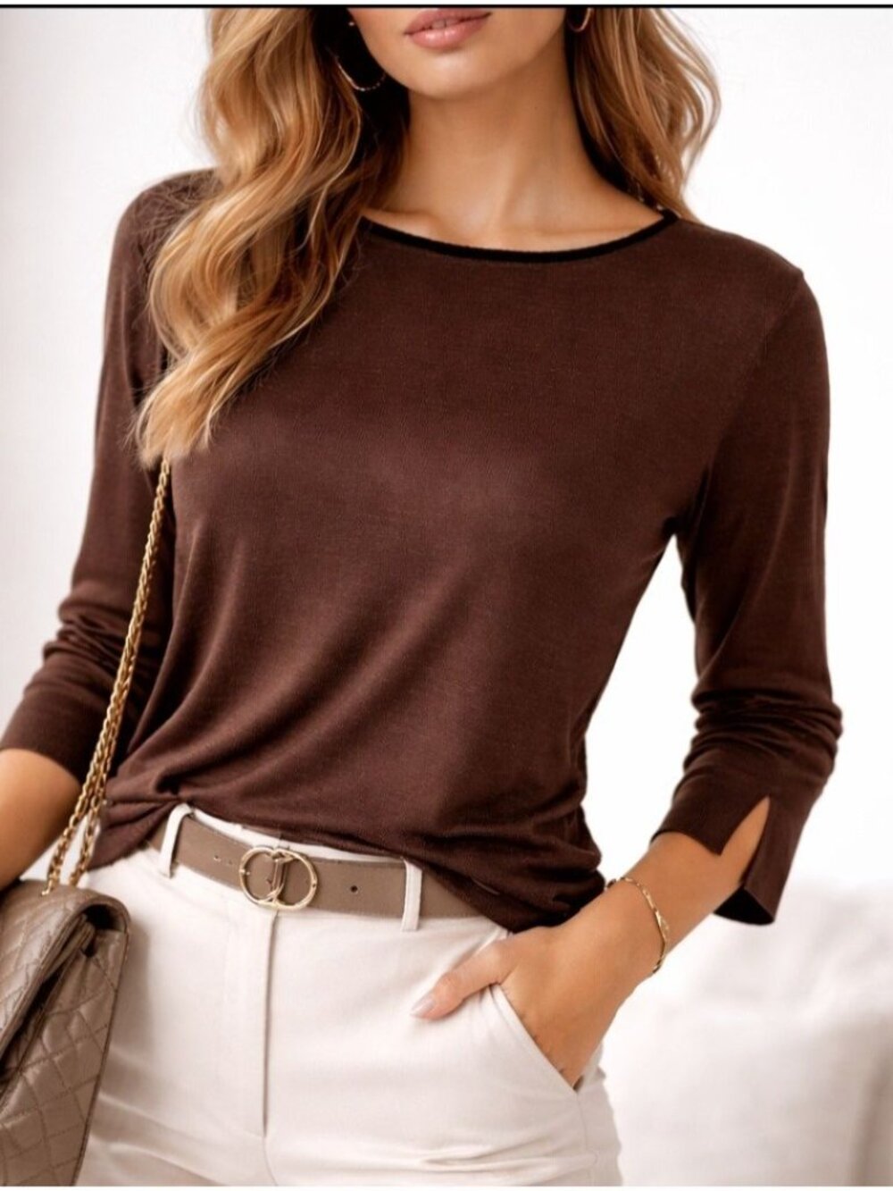 Caslon 100% Silk Sweater Womens L Brown Boatneck 3/4 Sleeve Split Cuff Luxury - Picture 2 of 16